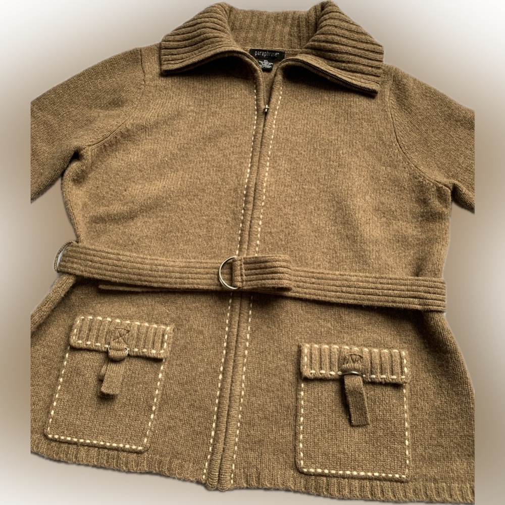 Paraphrase belt & zip closure brown wool cardigan with 2 front pockets, XL